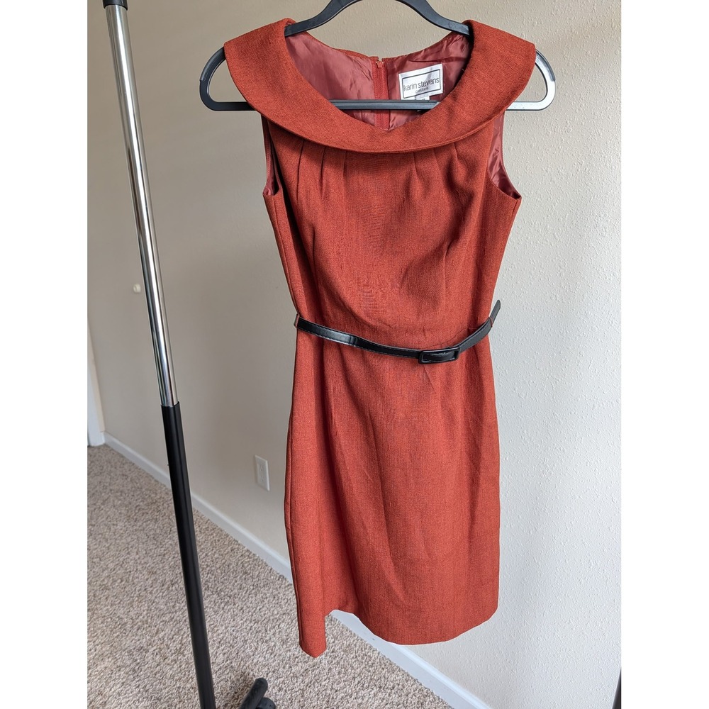 Karin‎ Stevens Petites Rust Orange Portrait Collar Belted Sheath Dress 4P